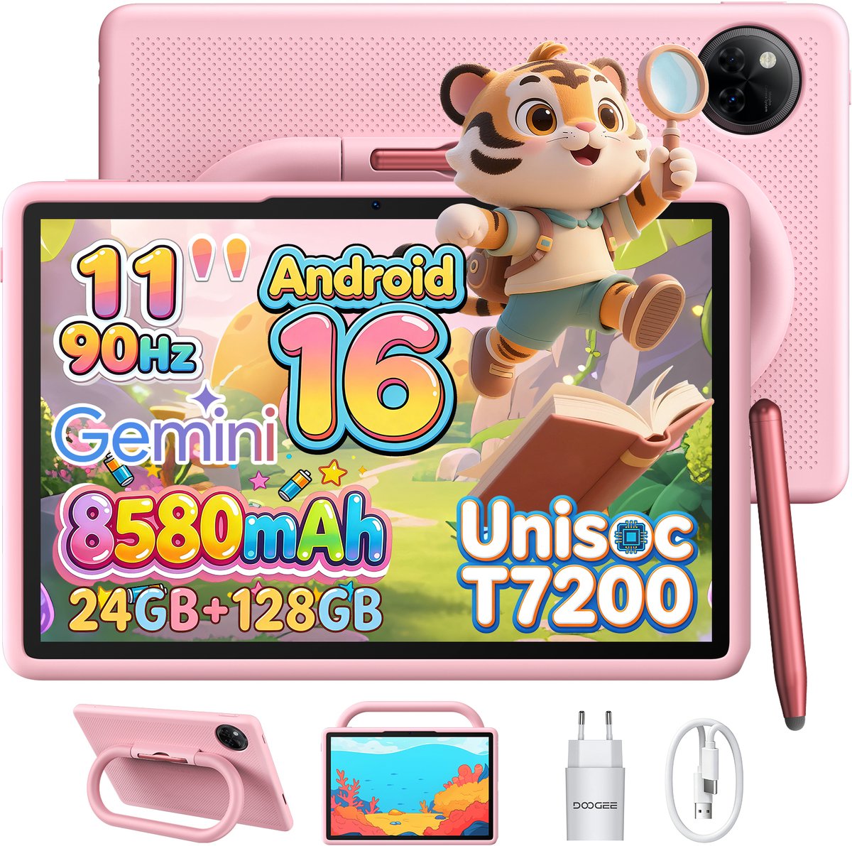 DOOGEE U11 Kid - Kindertablet - Table - 24 GB RAM (4+20 GB Extended) + 128 GB ROM - 10.95 inch HD 90 Hz - Android 16 - 8580 mAh - WiFi 2.4/5 GHz - Inclusief Kindvriendelijk Hoesje & Styluspen - 13 MP Camera - Pink (6942654924315)
