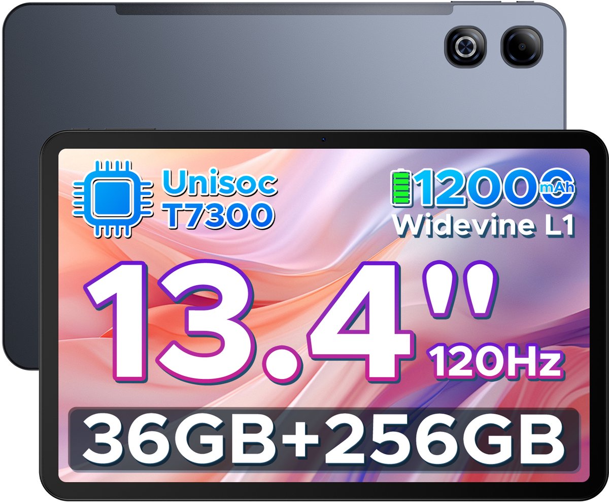 DOOGEE U13 Pro - Tablet - 36GB RAM (6+30GB) + 256GB ROM (2TB/TF) - 11000mAh/18W - 13,4 Inch FHD+ 120Hz IPS - Android 16 - T7300 - Dubbele luidsprekers - Wi-Fi 5 - Face ID - Bluetooth 5.4 (6923740279526)