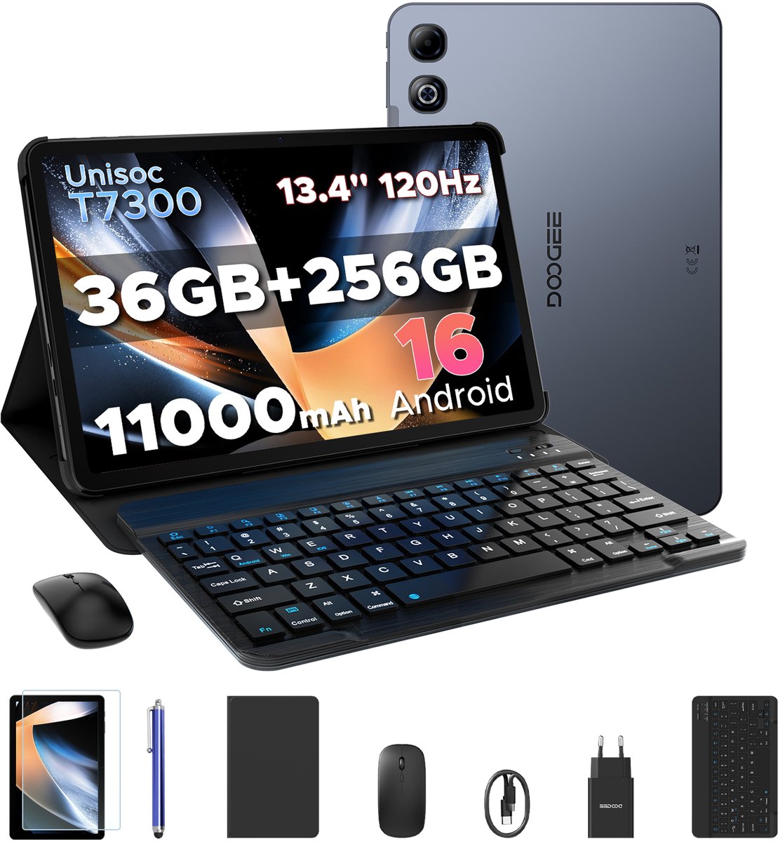 DOOGEE U13 Pro VIP - Tablet - 36GB RAM + 256GB ROM (2TB/TF) - 11000mAh/18W - 13,4 Inch FHD+ 120Hz IPS - Android 16 - T7300 - Dubbele luidsprekers - Wi-Fi 5 - Face ID - Bluetooth 5.4 - Volledige accessoirebundel met toetsenbord, stylus, muis en hoesje (6942654922977)