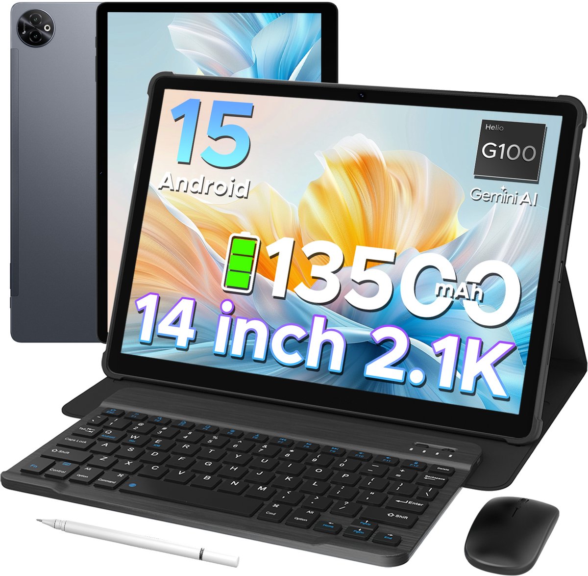Doogee TAB E3 Max VIP - Tablet - 32 GB RAM + 256 GB ROM /TF 2TB -MTK Helio G100 - 14 inth Ips - Android 15 - 13500mAh - 4G LTE - 5G WLAN - Vier luidsprekers - GPS - Grijs (6923740263839)
