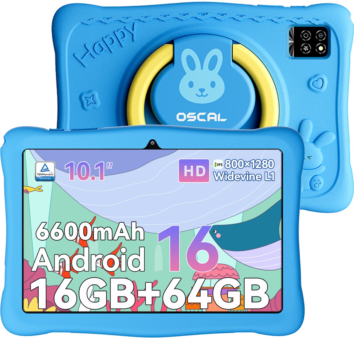 OSCAL KIDO2 - Tablet - Kindertablet - 16GB RAM - 64GB ROM - 10.1 inch - 6600mAh - Android 16 - Ouderlijk Toezicht App - Oogzorgmodus - Inclusief Beschermhoes - Blauw (0810201777515)