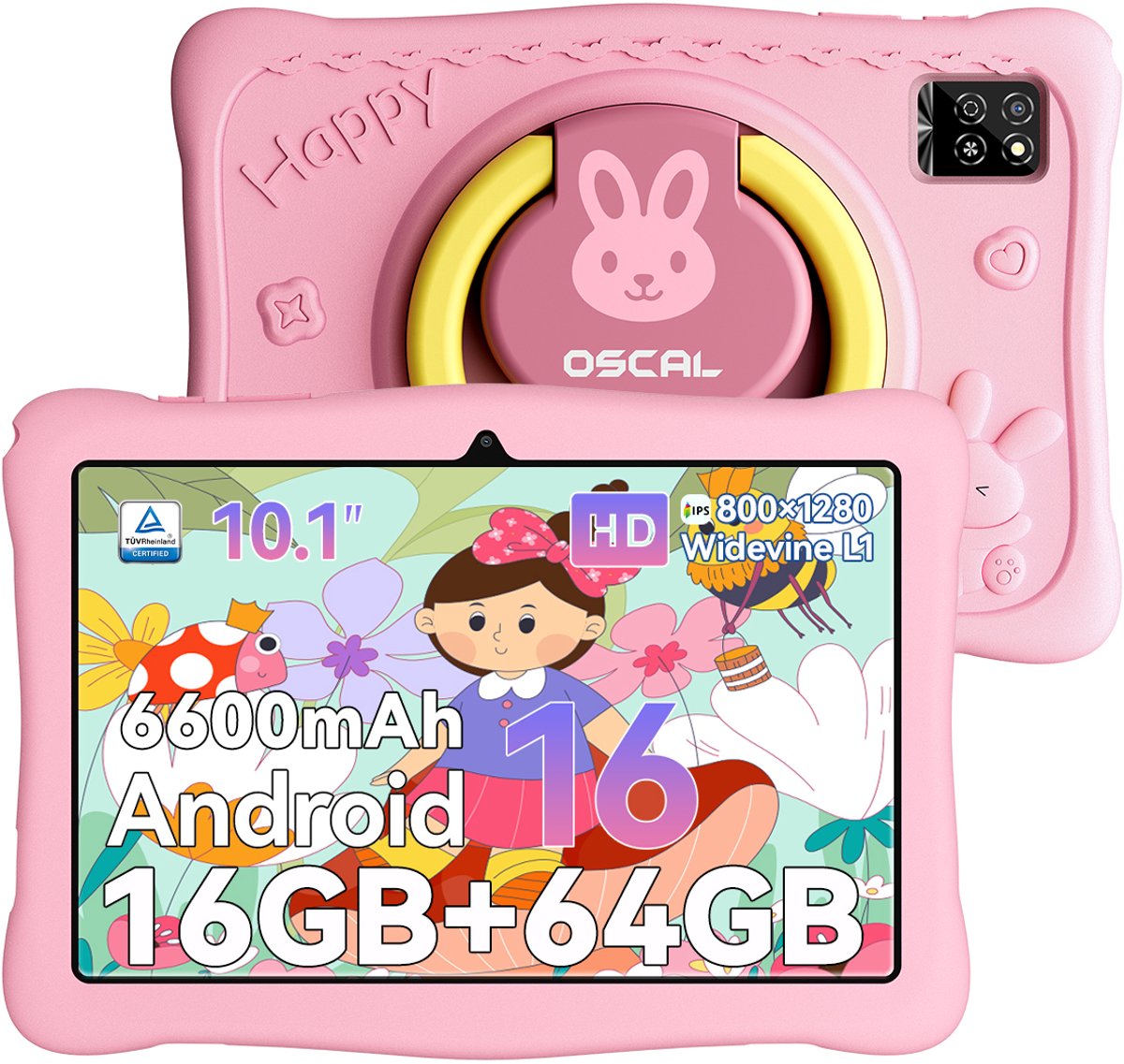 OSCAL KIDO2 - Tablet - Kindertablet - 16GB RAM - 64GB ROM - 10.1 inch - 6600mAh - Android 16 - Ouderlijk Toezicht App - Oogzorgmodus - Inclusief Beschermhoes - Roze (0810201777508)