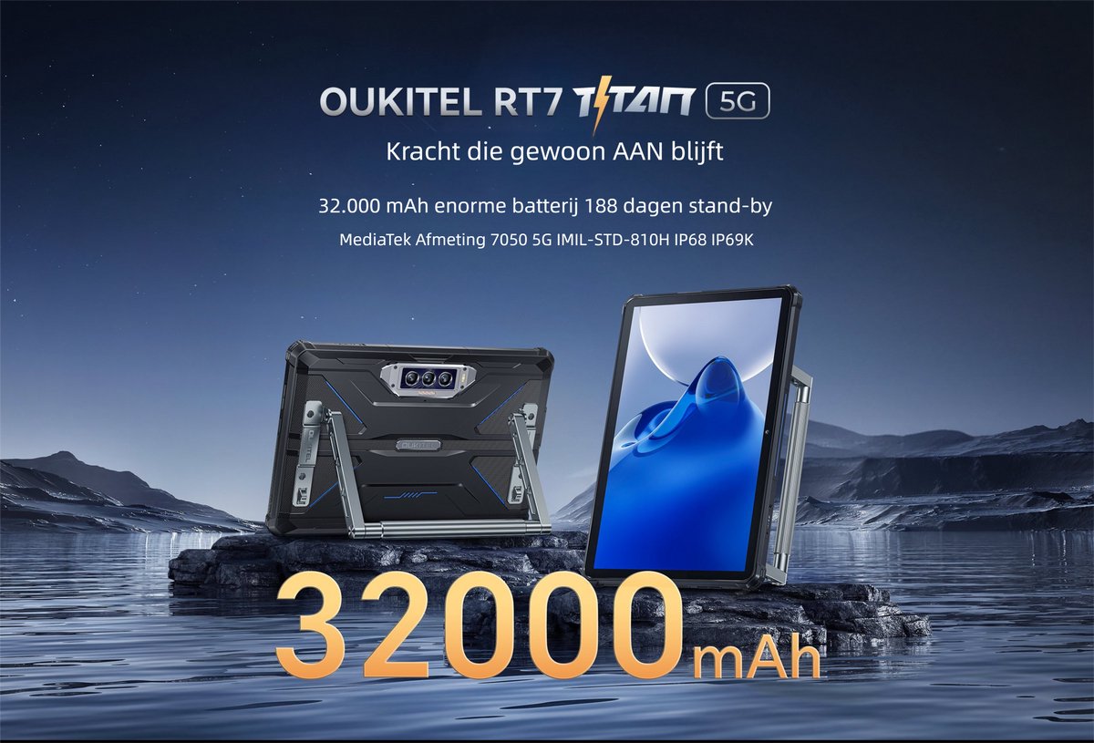 OUKITEL RT7 Titan 5G Robuuste Tablet - 32000mAh Batterij - 12GB +512GB - IP68/IP69K Waterdicht Schokbestendig - Dimensity 7050 Octa-Core - Nachtvisiecamera voor Buitenwerk Industrie Avontuur (0717623029812)