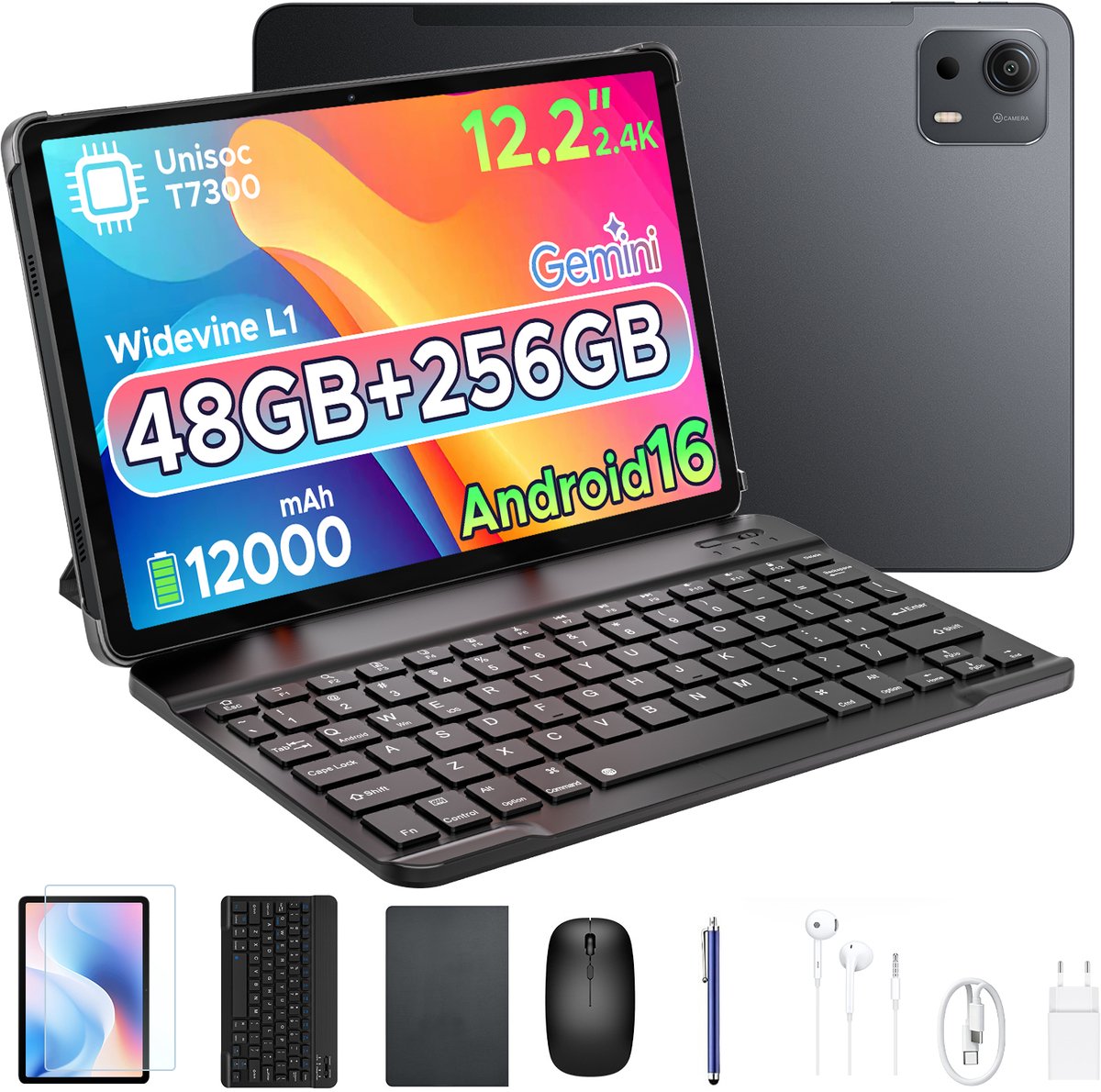 POCKAM P12 Plus - Tablet - 48GB RAM (12+36GB) + 256GB ROM (2 TB/TF) - 12,2 inch 2,4K 120Hz IPS - Android 16 - 12000mAh/18W - T7300 - Wi-Fi 5 - Bluetooth 5.0 - Quad-luidsprekers - Volledige accessoirebundel met toetsenbord en stylus (6979284600494)