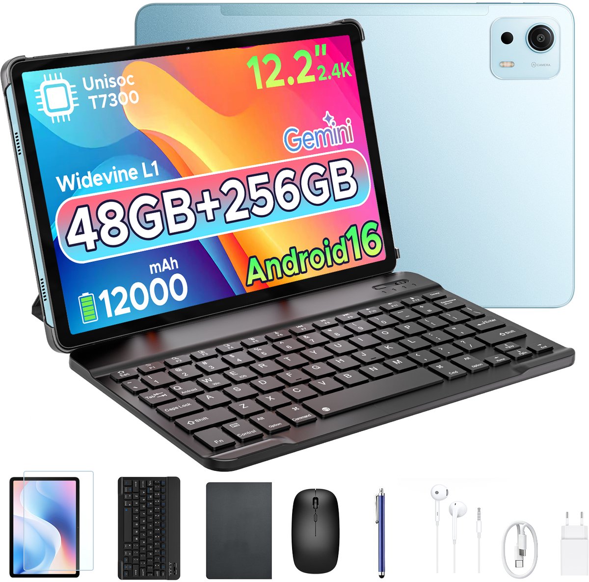 POCKAM P12 Plus - Tablet - 48GB RAM (12+36GB) + 256GB ROM (2 TB/TF) - 12,2 inch 2,4K 120Hz IPS - Android 16 - 12000mAh/18W - T7300 - Wi-Fi 5 - Bluetooth 5.0 - Quad-luidsprekers - Volledige accessoirebundel met toetsenbord en stylus (6979284600517)