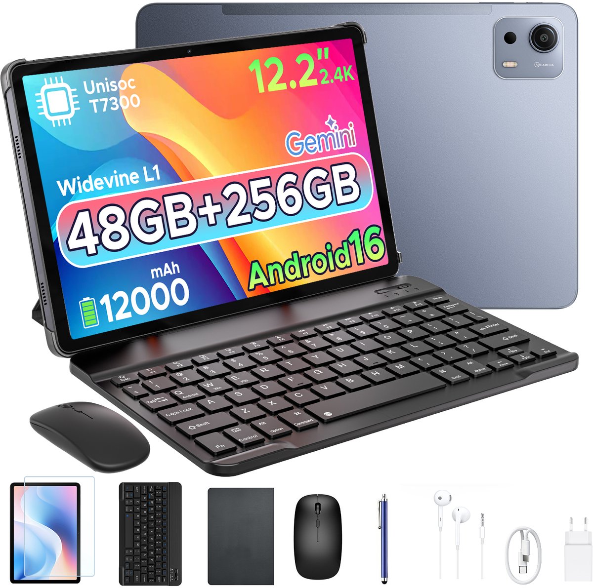 POCKAM P12 Plus - Tablet - 48GB RAM (12+36GB) + 256GB ROM (2 TB/TF) - 12,2 inch 2,4K 120Hz IPS - Android 16 - 12000mAh/18W - T7300 - Wi-Fi 5 - Bluetooth 5.0 - Quad-luidsprekers - Volledige accessoirebundel met toetsenbord en stylus (6979284600500)