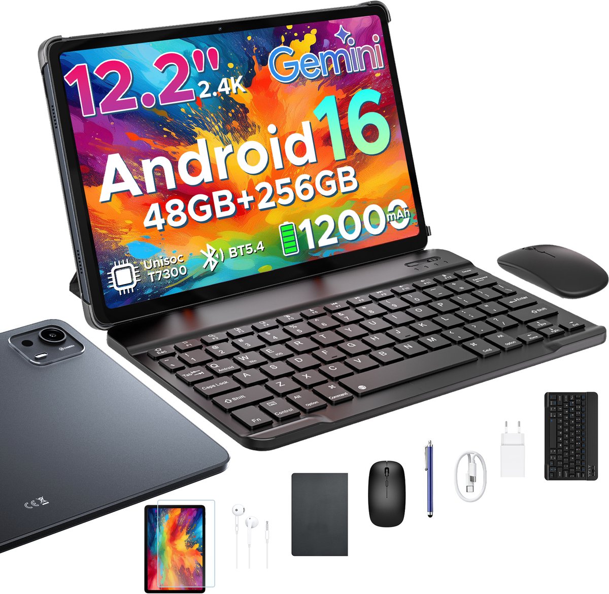 Aorlym P12 Plus - Tablet - 48GB RAM (12+36GB) + 256GB ROM (2 TB/TF) - 12,2 inch 2,4K 120Hz IPS - Android 16 - 12000mAh/18W - T7300 - Wi-Fi 5 - Bluetooth 5.0 - Quad-luidsprekers - Volledige accessoirebundel met toetsenbord en stylus (6979284600463)