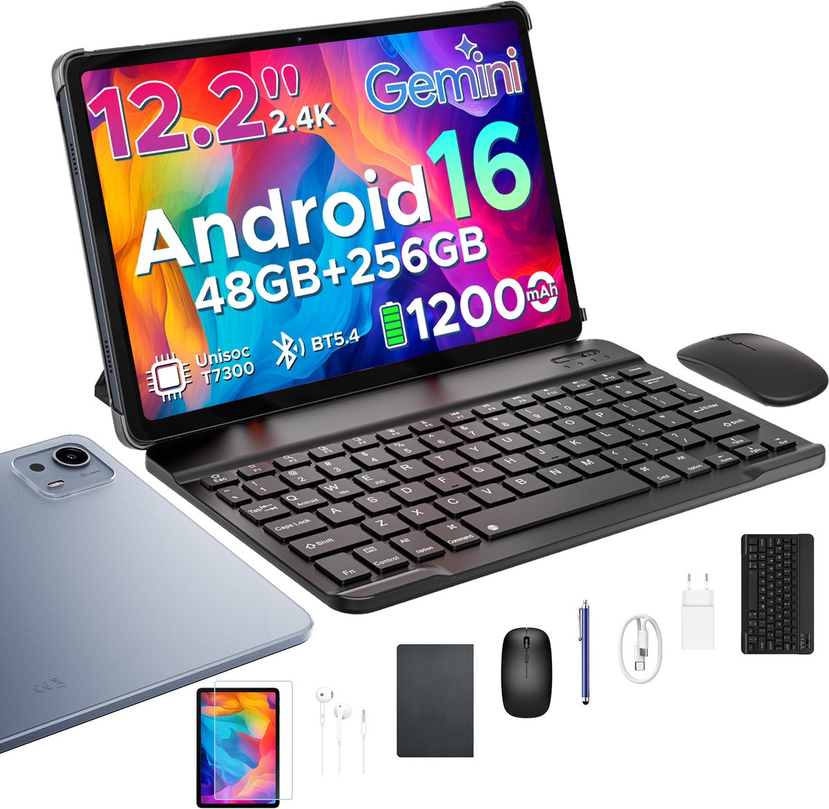 Aorlym P12 Plus - Tablet - 48GB RAM (12+36GB) + 256GB ROM (2 TB/TF) - 12,2 inch 2,4K 120Hz IPS - Android 16 - 12000mAh/18W - T7300 - Wi-Fi 5 - Bluetooth 5.0 - Quad-luidsprekers - Volledige accessoirebundel met toetsenbord en stylus (6979284600470)