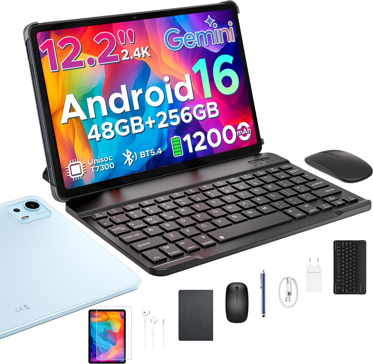 Aorlym P12 Plus - Tablet - 48GB RAM (12+36GB) + 256GB ROM (2 TB/TF) - 12,2 inch 2,4K 120Hz IPS - Android 16 - 12000mAh/18W - T7300 - Wi-Fi 5 - Bluetooth 5.0 - Quad-luidsprekers - Volledige accessoirebundel met toetsenbord en stylus (6979284600487)