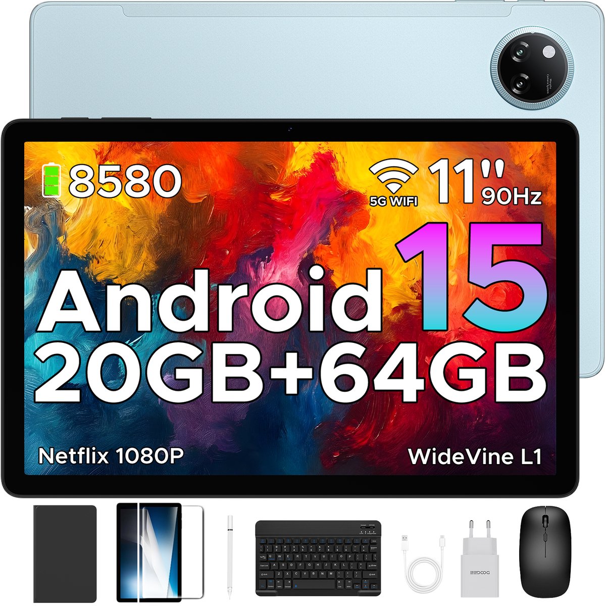 DOOGEE TAB A9+ VIP - Tablet - 20GB RAM +64GB ROM /2TB TF - 11 Inth + 90Hz IPS - Android 15 - 8580 mAh - Unisoc T7200 - 5Gz WiFi - Dubbele luidsprekers - Muis/toetsenbord/hoesje/geharde film - Blauw (6923740262504)