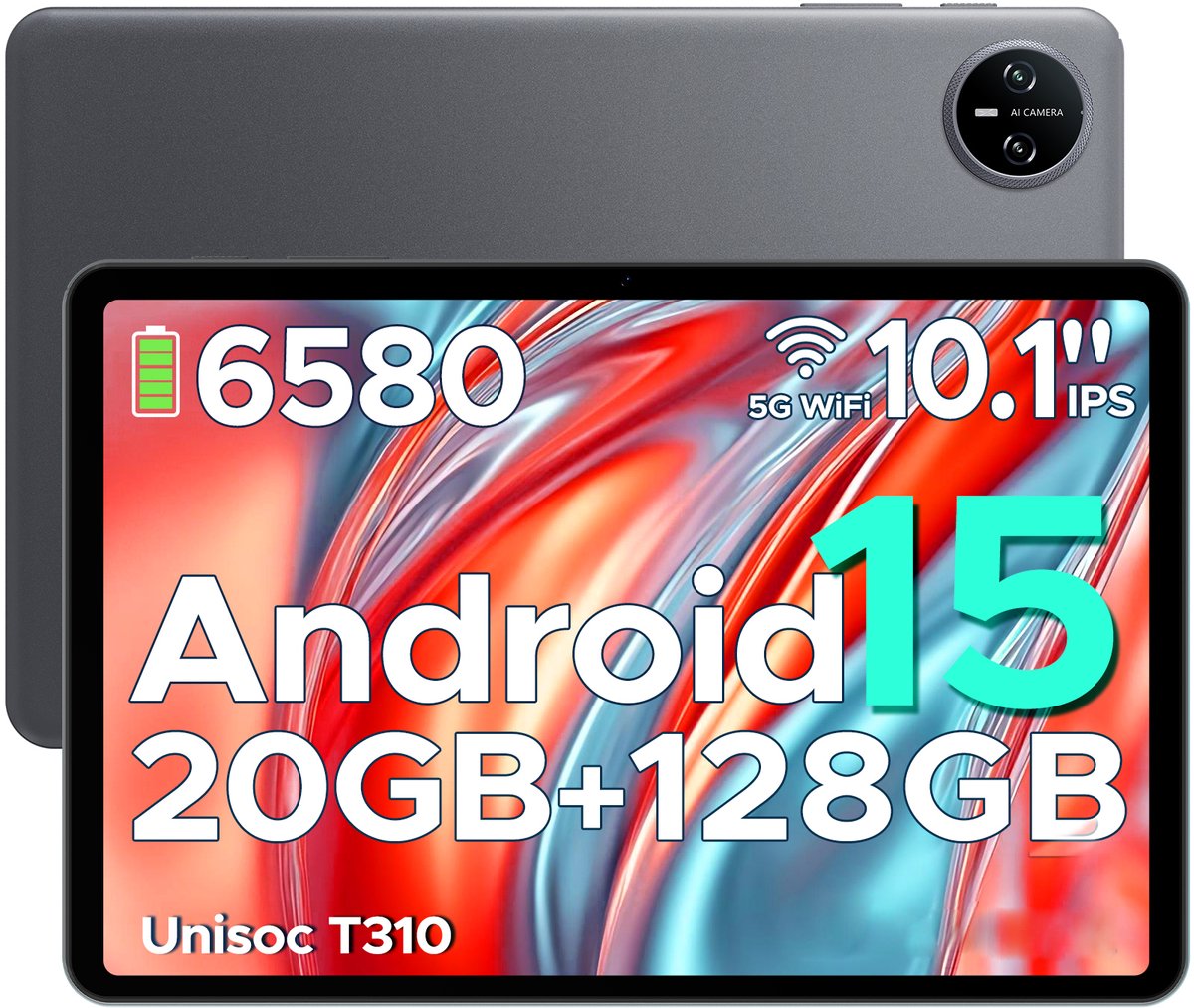DOOGEE Tab A9 Pro -Tablet-Android 15- 10,1 inch HD IPS -24GB ROM+128GB ROM(2TB TF)-BT5.0-6580mAh/18W-Dubbele luidsprekers-Face ID-5G Wi-Fi-A GPS-GPS-Grijs (6923740267783)