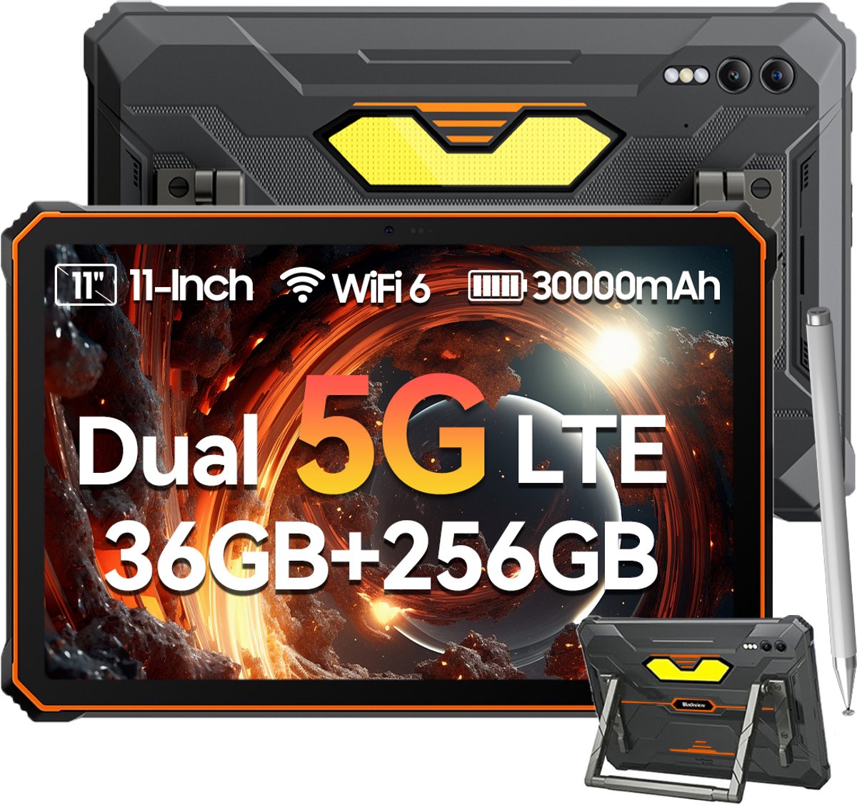 KINGRID Tablet - Active 10 Pro 5G Outdoor Tablet - 11 inch - 36GB RAM - 256GB ROM - 30000mAh - IP68 Waterdicht Tablet - 55W Snel opladen - Dual SIM - Oranje (6931548318781)