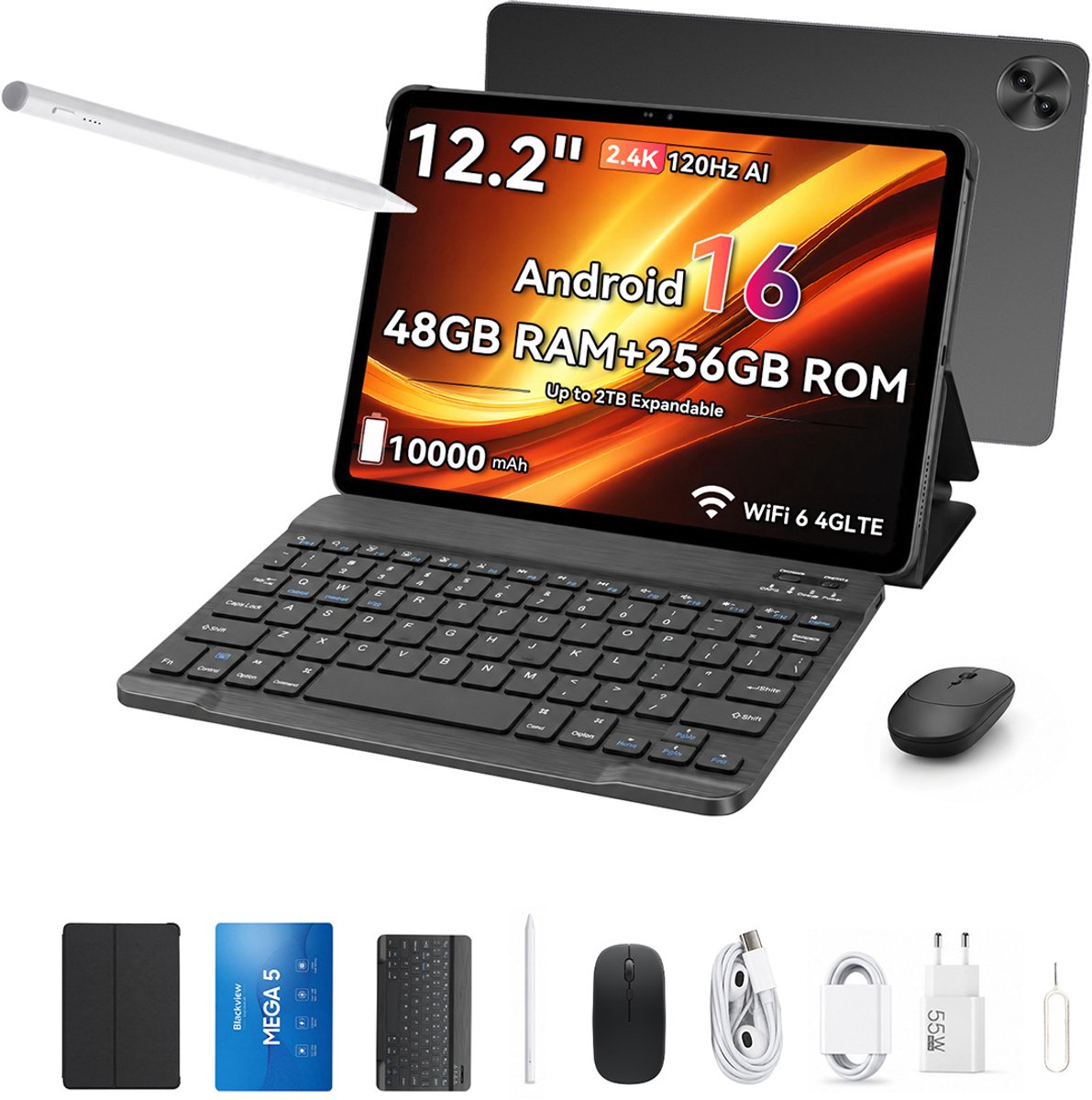 Blackview MEGA 5 Tablet - 12.2 inch - 48GB RAM - 256GB ROM - 10000mAh - Android 16 - Grijs (0810201778086)