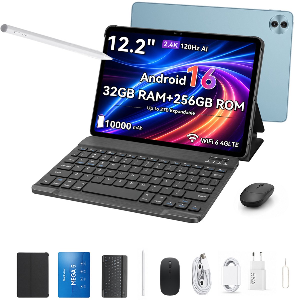 Blackview Tablet MEGA 5 - 12.2 inch - 32GB RAM - 256GB ROM - 10000mAh - Android 16 - Blauw (0810201778093)