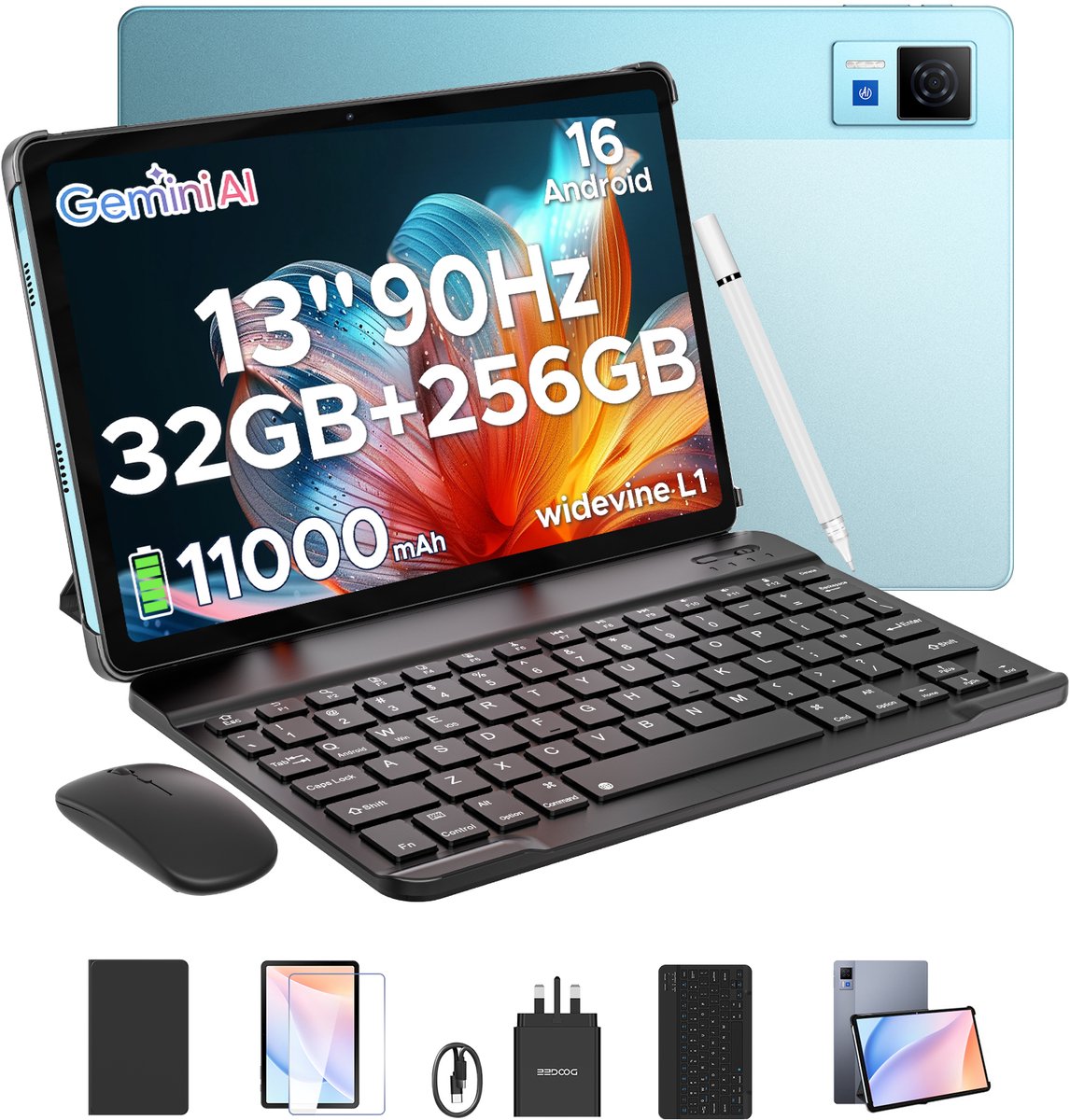 DOOGEE U13 VIP - Tablet - 32GB RAN + 256GB ROM /2TB - Gemini AI - 13 inch 90Hz FHD - 11000mAh/18W - 4 luidsprekers - 13MP + 5MP - 2.4G/5G WiFi - Widevine L1 - Bluetooth 5.0 - OTG - GPS - Face ID - met toetsenbord/gamepad/muis - Blauw (6923740282779)