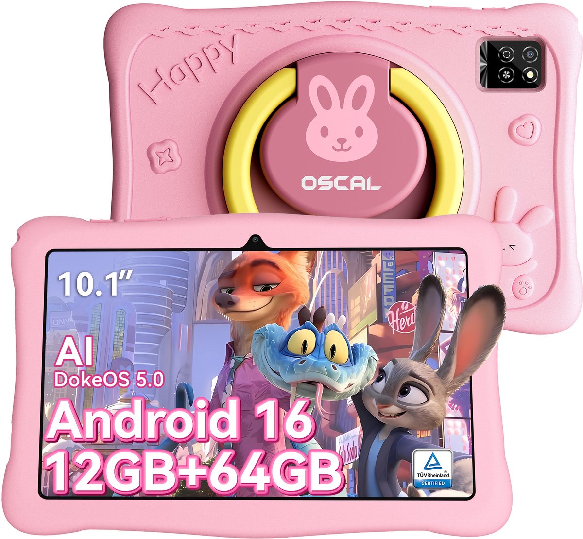 OSCAL KIDO2 - Tablet - Kindertablet - 8GB RAM - 64GB ROM - 10.1 inch - 6600mAh - Android 16 - Ouderlijk Toezicht App - Oogzorgmodus - Inclusief Beschermhoes - Roze (0810201776563)