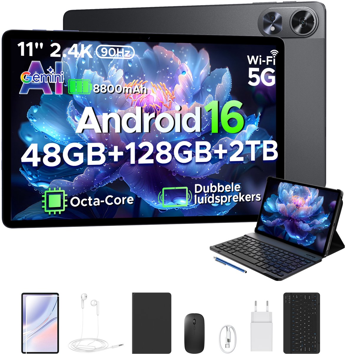POCKAM P11 Pro - Tablet - 48 GB RAM (8+40 GB) + 128 GB ROM (2 TB/TF) - 11 inch FHD+ 90 Hz - Android 16 - 8800 mAh/18 W - T7250 - Dubbele luidsprekers - Gemini AI - Face ID - Widevine L1 - Complete accessoirebundel met toetsenbord en stylus - Zwart (6979284600302)