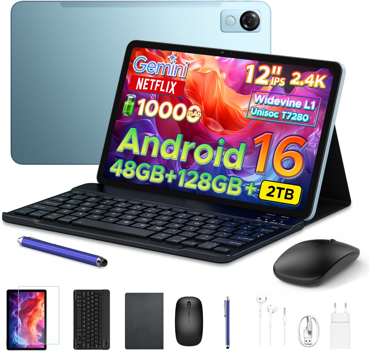 POCKAM P12 - Tablet - Tablets - 48 GB RAM (8+40 GB) - 128 GB ROM - 12 inch 2K 120 Hz IPS - Android 16 - 10000 mAh /18 W - T7280 Octa Core - Dubbele camera - WiFi 5 - Bluetooth - Face ID - Toetsenbord - Stylus meegeleverd - Blauw (6979284600265)