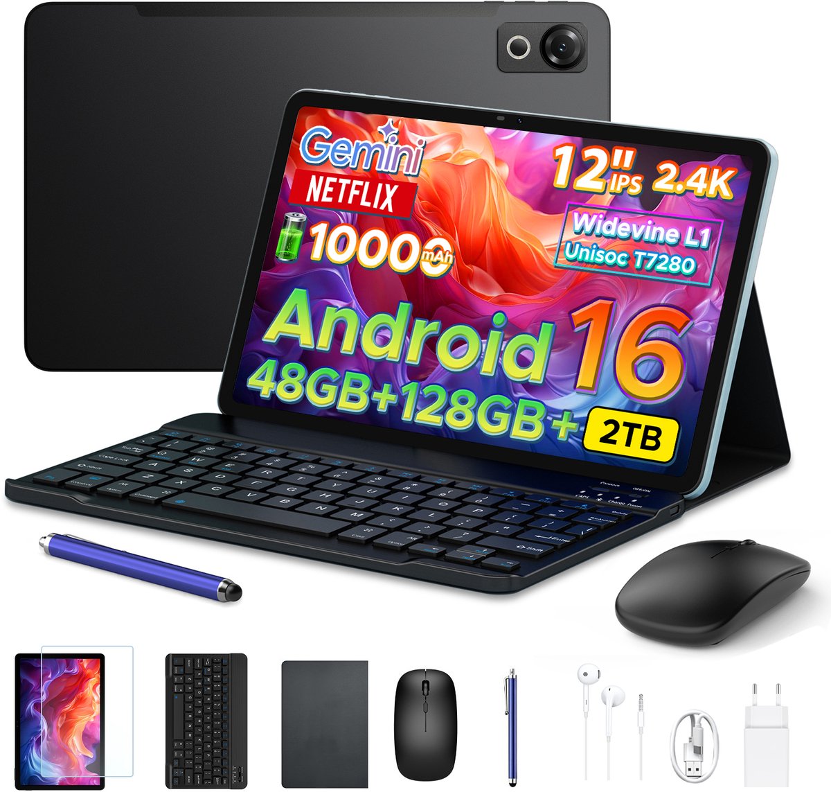 POCKAM P12 - Tablet - Tablets - 48 GB RAM (8+40 GB) - 128 GB ROM - 12 inch 2K 120 Hz IPS - Android 16 - 10000 mAh /18 W - T7280 Octa Core - Dubbele camera - WiFi 5 - Bluetooth - Face ID - Toetsenbord - Stylus meegeleverd - Zwart (6979284600180)