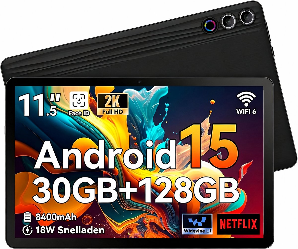 11.5 inch Tablet - 2K Schermo Ultra - Android 15 Tablets - 30GB RAM - 128GB ROM - 8400mAh - WiFi 6 - Zwart (0727640091334)