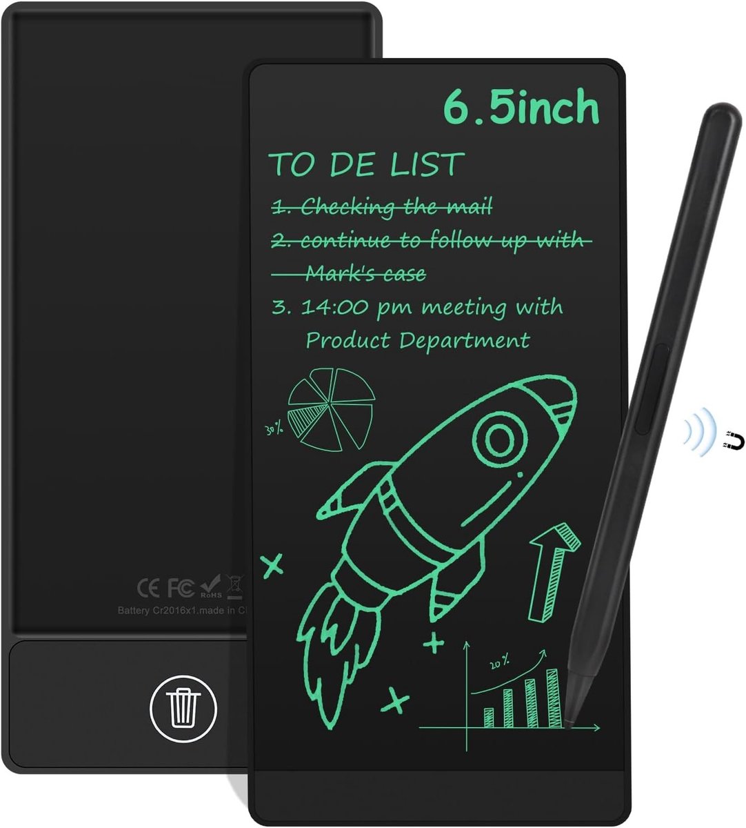 Digitaal notitieblok - Zwart - 6,5 inch - Draagbaar LCD-schrijfbord met magnetische pen - Voor volwassenen en kantoorgebruik (4270369572234)