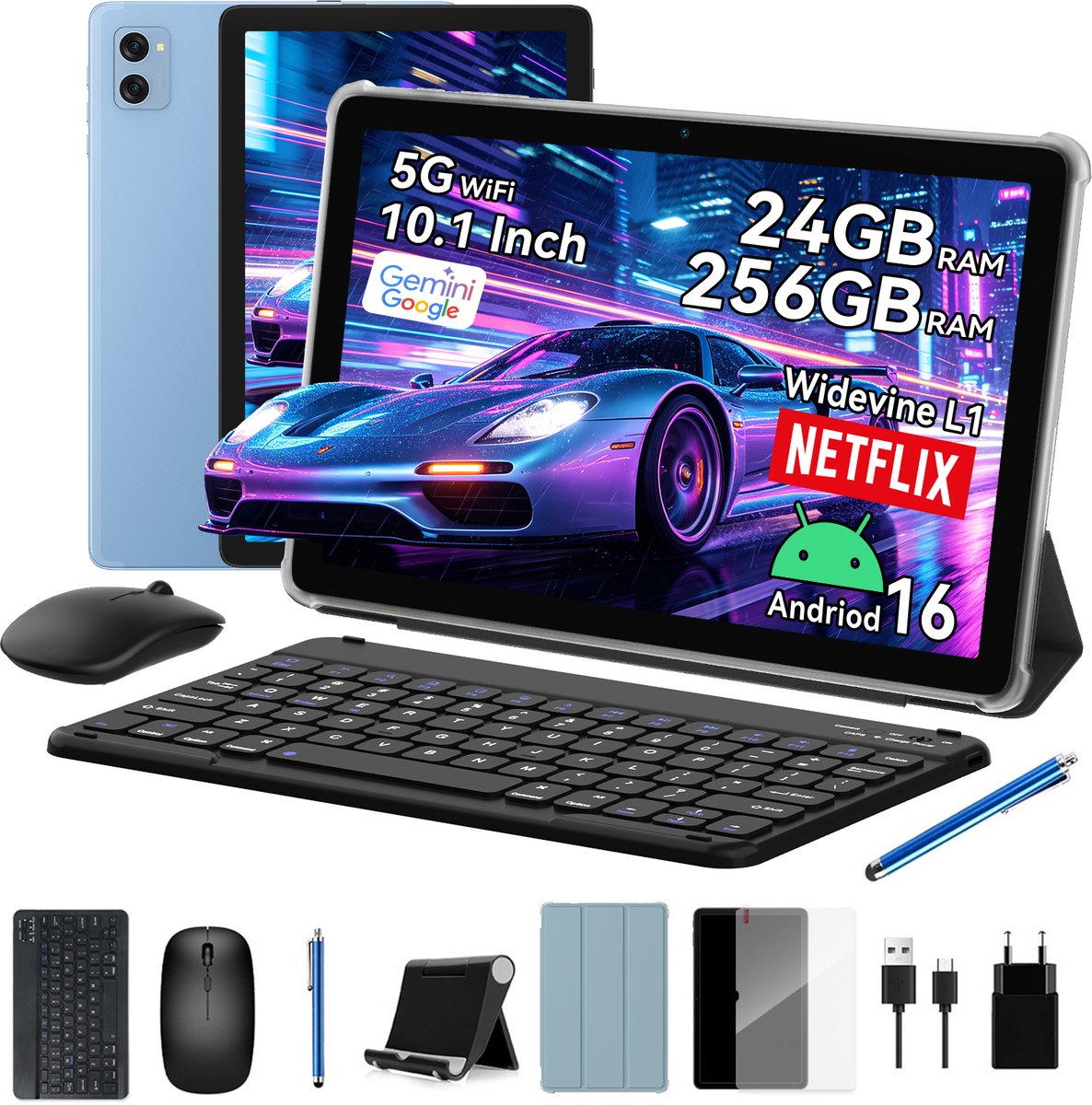 KINGRID T20 Tablet - 24GB RAM - 256GB ROM - 10.1 inch - 5000mAh - Met Toetsenbord - Met Lederen Hoesje - Android 16 - Hoes - Stylus - Muis - Blauw (0810228351354)