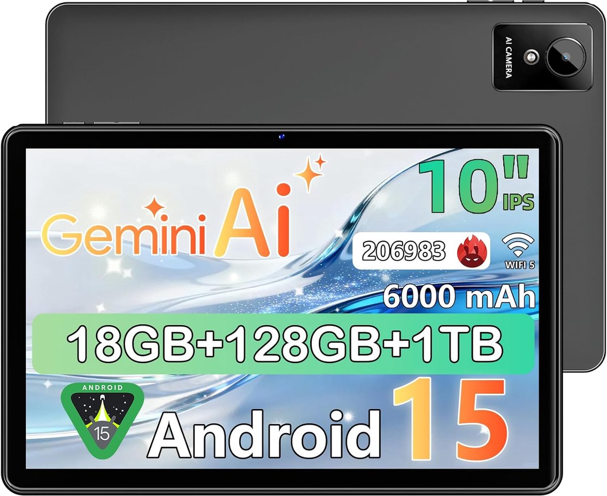 SnelShoppen - 10 Inch Android 15 Tablet - Octa-Core, 18GB RAM, 128GB ROM (1TB TF), IPS 1280x800, 5MP+8MP Camera, WiFi 5G, 6000mAh, Face ID, Google Cer (2521000875088)