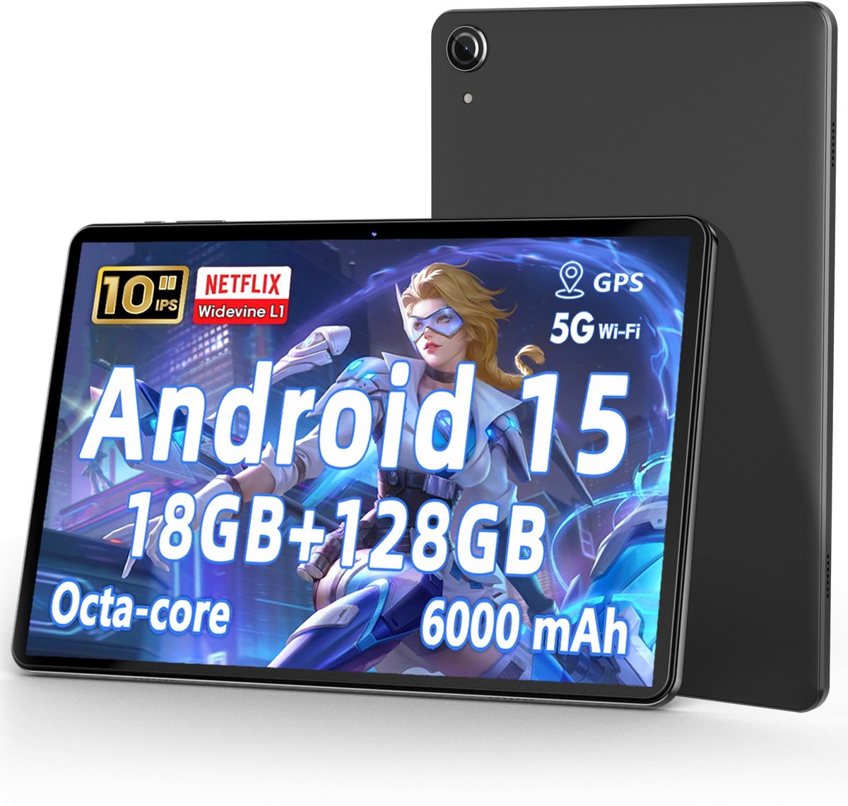 SnelShoppen - 10 Inch Android 15 Tablet met 18 GB RAM, 128 GB ROM (Uitbreidbaar tot 1 TB), Octa Core, 1280x800 IPS HD, 6000 mAh, Dubbele Camera, 5G/2. (2314939702354)