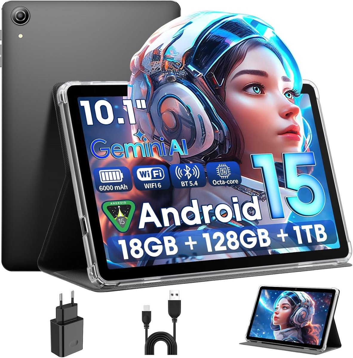 SnelShoppen - 10 Inch Android 15 Tablet met 18GB RAM, 128GB ROM, 1TB Uitbreidbaar, Octa-Core, Dual Camera, 6000mAh, 2.4G+5G WiFi, GPS, Widevine L1, Vo (2822964102761)