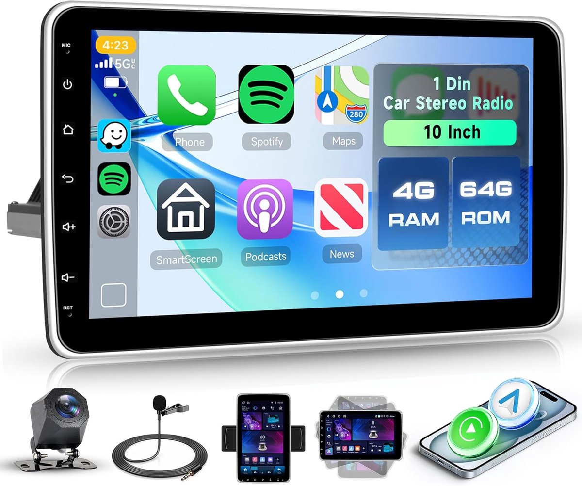 SnelShoppen - 10 Inch Rotating Android Car Radio 1 Din - 4GB + 64GB, GPS, Bluetooth, Wireless CarPlay/Android Auto, FM/RDS, WiFi, Mirror Link, Retro C (2994059151234)