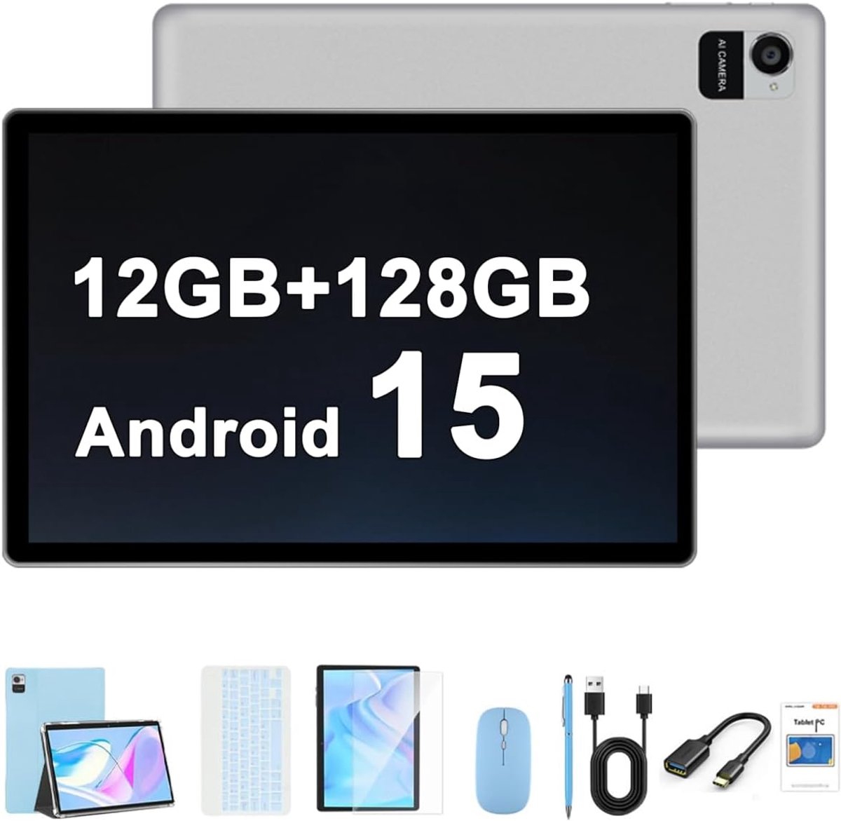 SnelShoppen - 10.1 inch Android 15 Tablet met 12GB RAM, 128GB Opslag, 8000mAh Batterij, 1280 x 800 Touchscreen, 5G Bluetooth/WiFi, Bundel met Case, To (2506447003201)