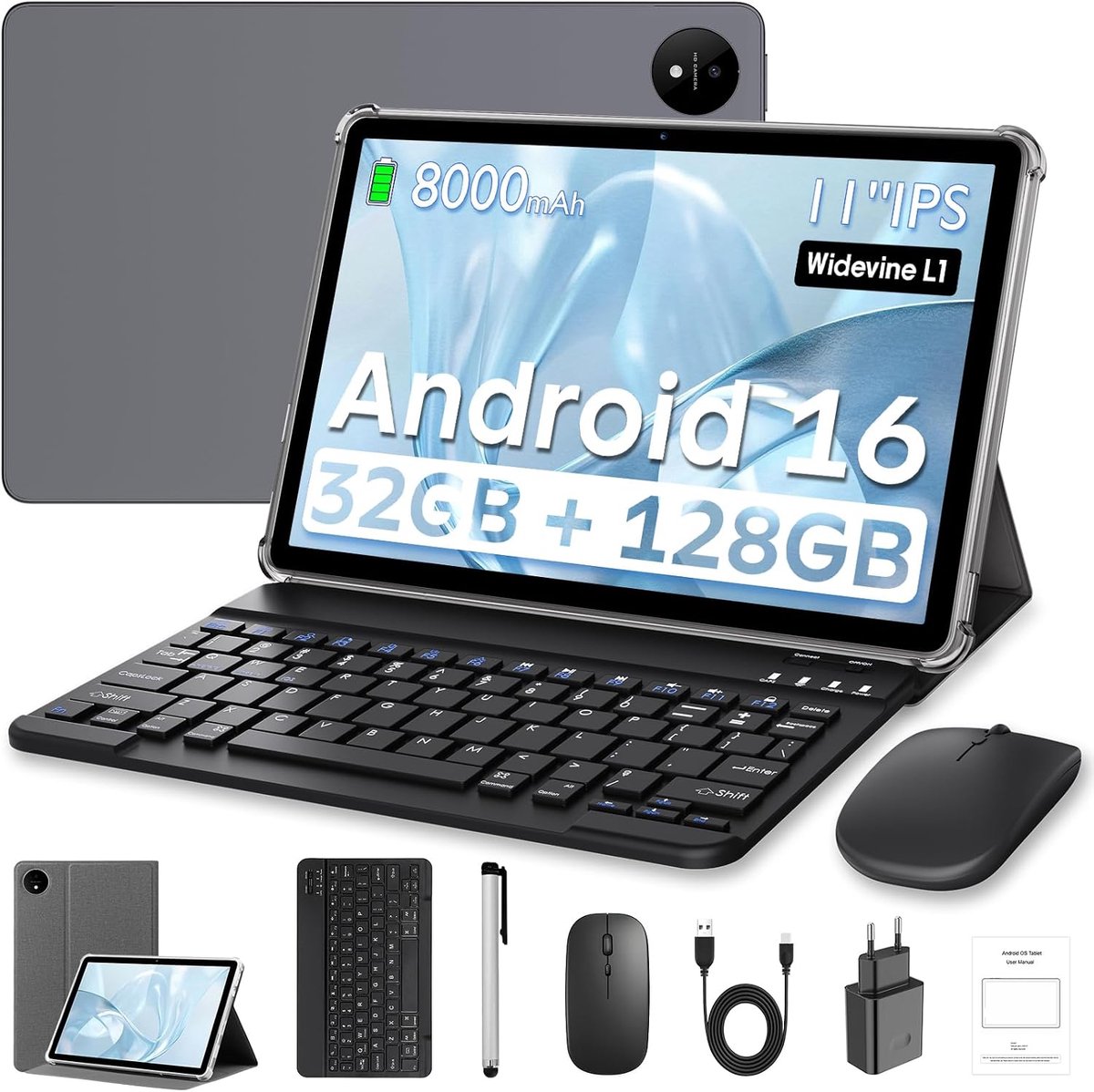 SnelShoppen - 11 Inch Android 16 Tablet met Toetsenbord, Octa-Core 7250, 32GB RAM, 128GB Opslag, 1TB TF, 1920x1200 FHD, 8000mAh Batterij, GPS, Face ID (2760606680256)