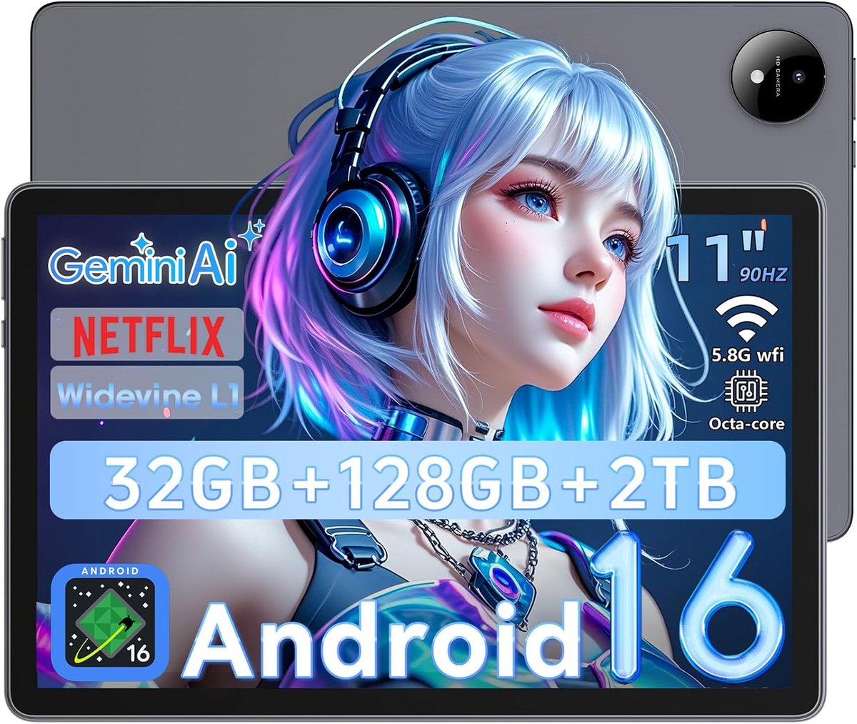 SnelShoppen - 11 Inch Tablet Android 16 met Gemini AI, T7250 Octa-Core, 32GB RAM, 128GB ROM, 16MP + 8MP Camera, 8000mAh, 1920x1200 IPS HD, Wi-Fi 5.8GH (2576169854979)