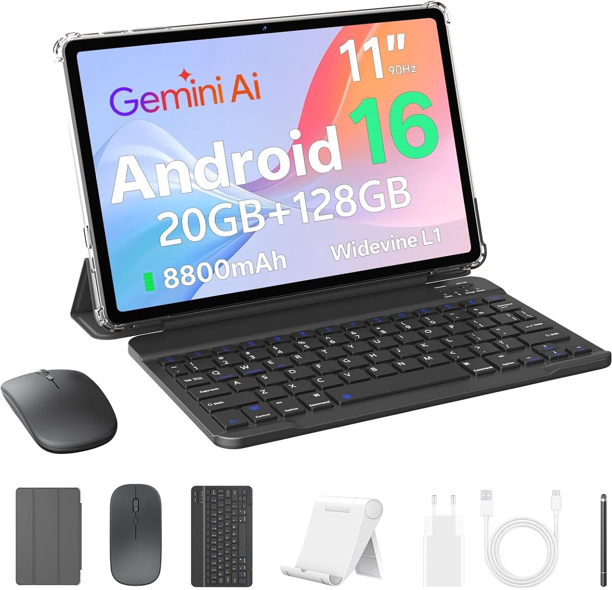 SnelShoppen - 11 Inch Tablet Android 16 met Toetsenbord, Pen, Muismat, 20 GB RAM, 128 GB ROM, Octa-Core, 8800 mAh, 13 MP + 8 MP Camera, 2.4G + 5G WiFi (2917632352972)