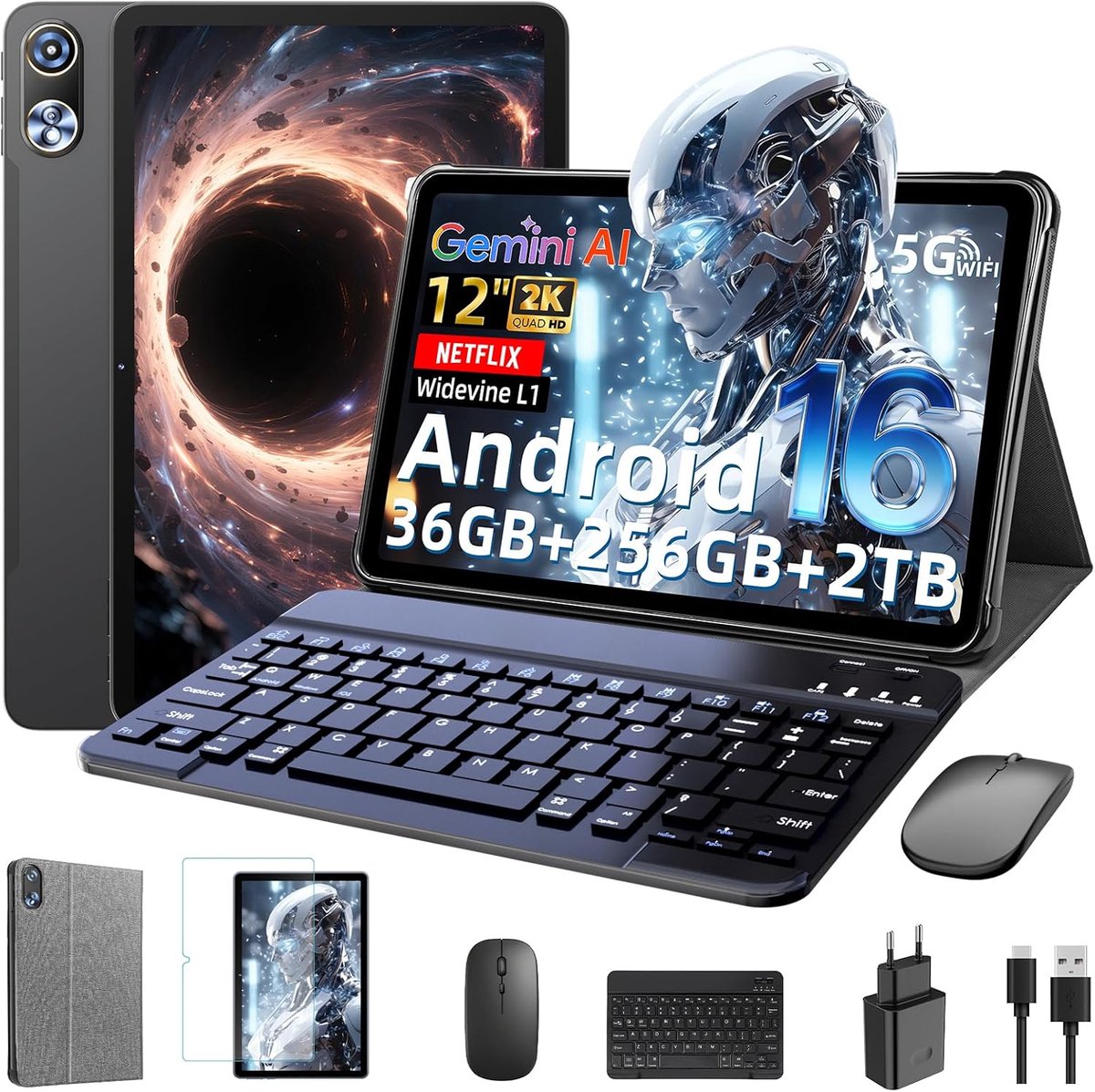 SnelShoppen - 12 Inch Tablet met Toetsenbord | Android 16 met Gemini AI | 36GB RAM + 256GB ROM (2TB TF) | 2000 * 1200 HD 90Hz Scherm | Unisoc T7250 Oc (2106071452781)