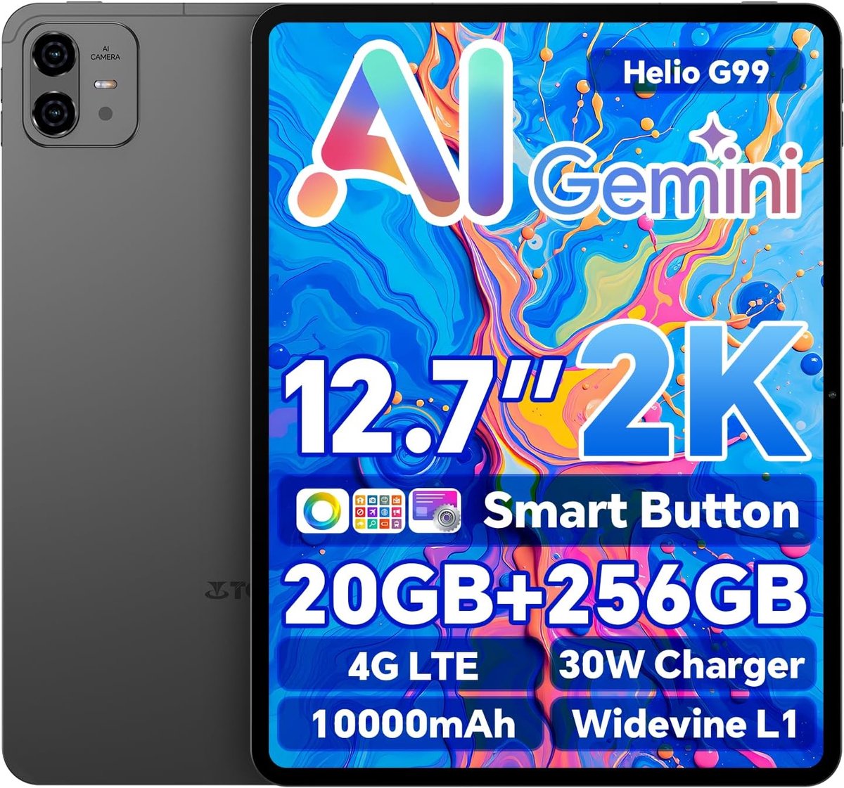 SnelShoppen - 12.7 inch Tablet Gaming 2K Display, Android, Dual SIM LTE, 20GB RAM, 256GB Opslag, 10000mAh Batterij, 30W Snelladen, GPS, TypeC, Ideaal (2750095474245)