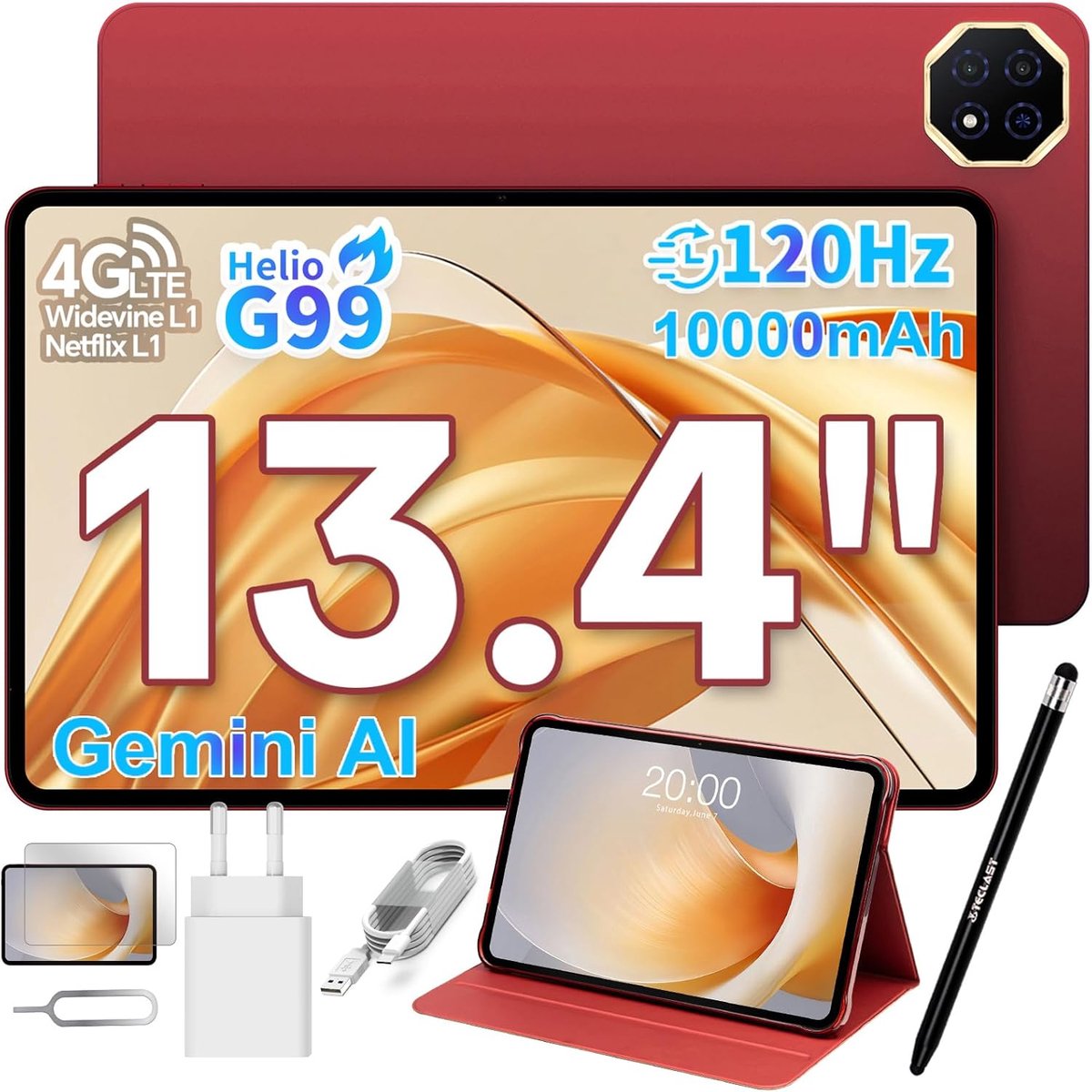 SnelShoppen - 13.4 Inch Gaming Tablet met 120Hz Display, 20GB RAM, 128GB ROM (8TB TF), Helio G99, 4G LTE Dual SIM, 10000mAh Batterij, GPS, Widevine L1 (2997534068911)