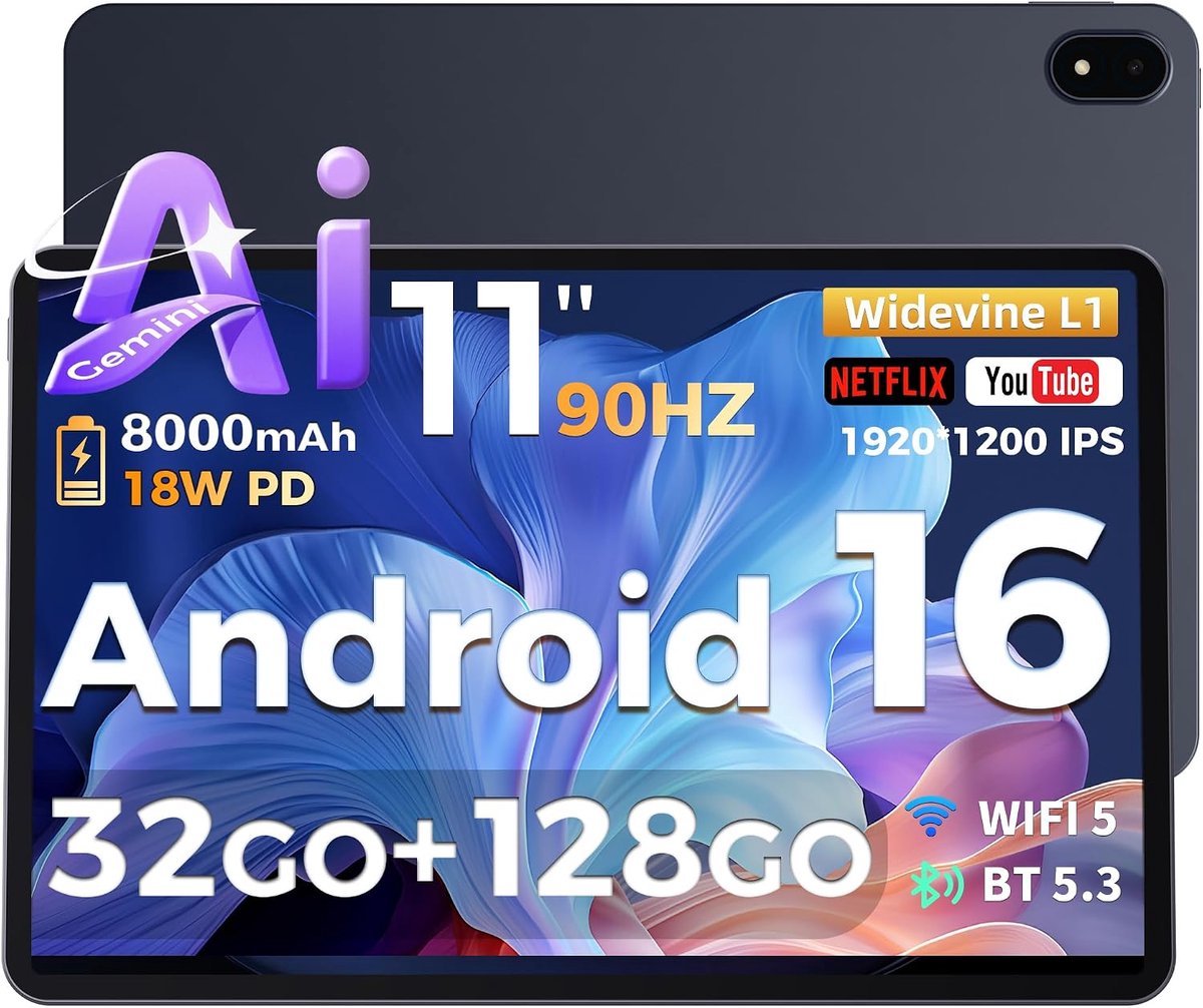 SnelShoppen - 2026 Tablet 11 Zoll Android 16 Tablet - 32GB RAM, 128GB ROM/1TB TF, 8000mAh Octa-Core, 1920x1200 IPS, 5+13MP Camera, Widevine L1, 18W Sn (2310930005197)