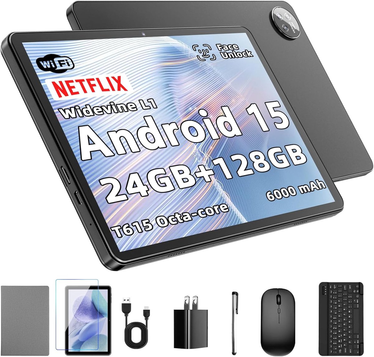 SnelShoppen - Android 15 Tablet 10 Inch met Toetsenbord, 24GB RAM, 128GB Opslag, Uitbreidbaar tot 1TB, Draagbare Zwarte Tablet voor Thuis, Werk en Ond (2354325511399)