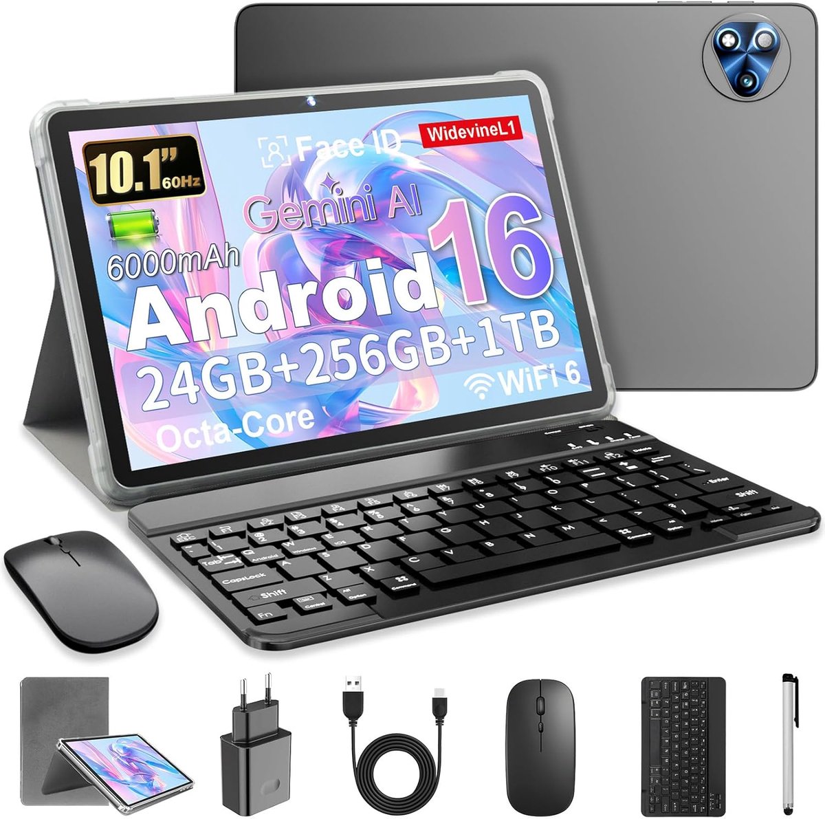 SnelShoppen - Android 16 Tablet 10 Inch - Octa-Core - 24GB RAM - 128GB ROM - 1TB TF - HD Display 1920x1200 - 8MP + 13MP Camera - Met Keyboard, Mouse & (2070277571785)