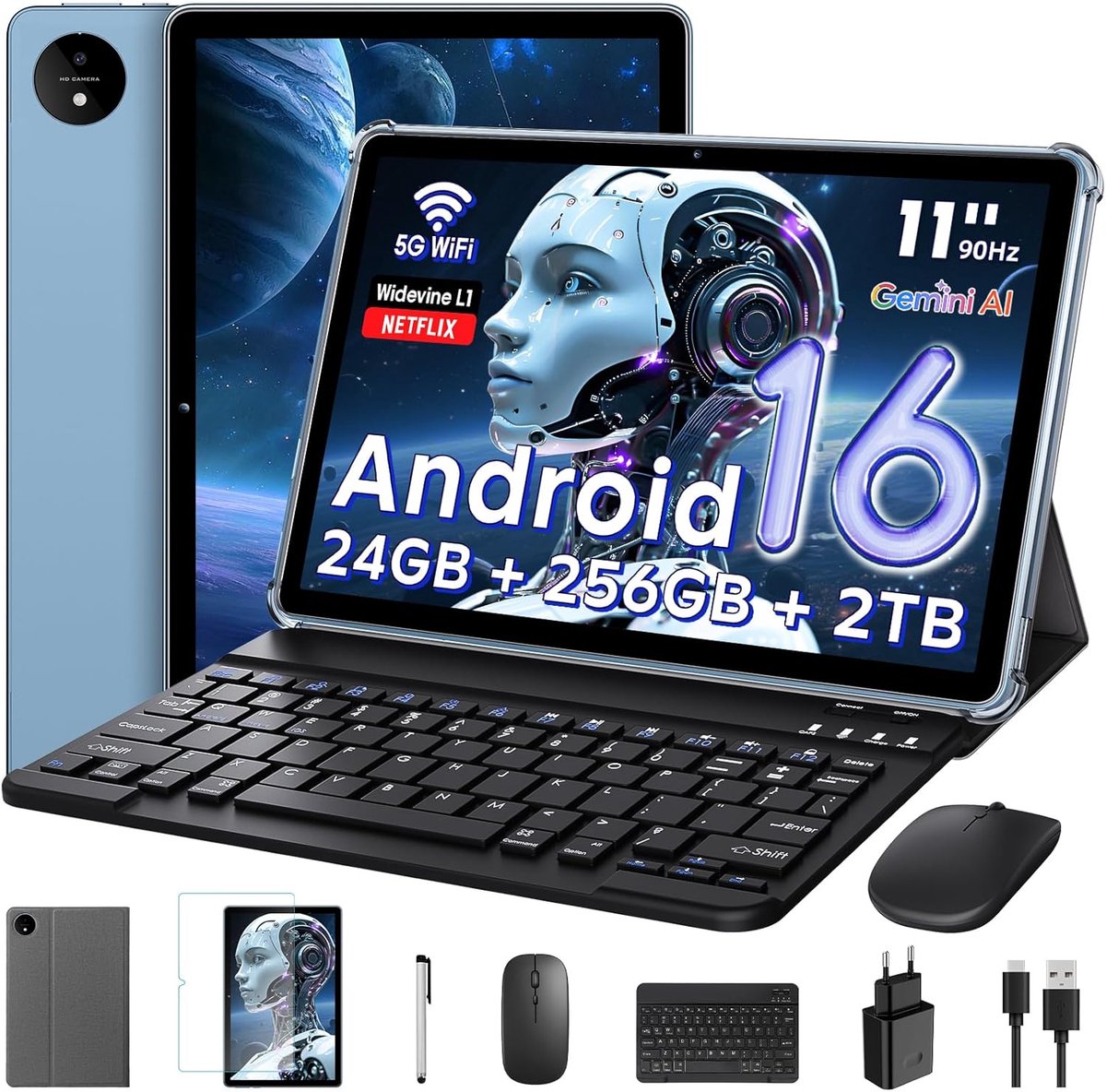 SnelShoppen - Android Tablet 11 Inch met Gemini AI, Octa-Core T7250, 24GB RAM, 256GB ROM, Dual Camera 16MP + 8MP, 8000mAh, GPS, Widevine L1, Blauw (2338560547160)