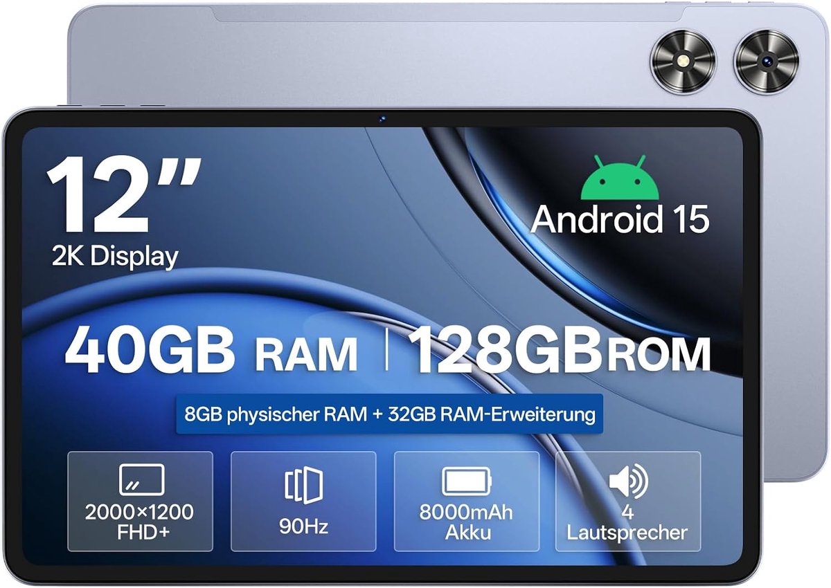 SnelShoppen - SVITOO Tablet 12 inch, Android 15, Gemini app compatibel, Unisoc T7280 Octa-Core 2,2GHz, 8GB RAM, 32GB opslag, 128GB ROM, 2K IPS 90Hz, 8 (2172008242961)