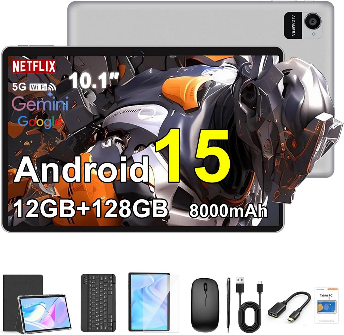 Android Tablet 10,1 inch met Toetsenbord, Muis en Stylus, Wifi, 12GB/128GB Opslag (9101094725495)