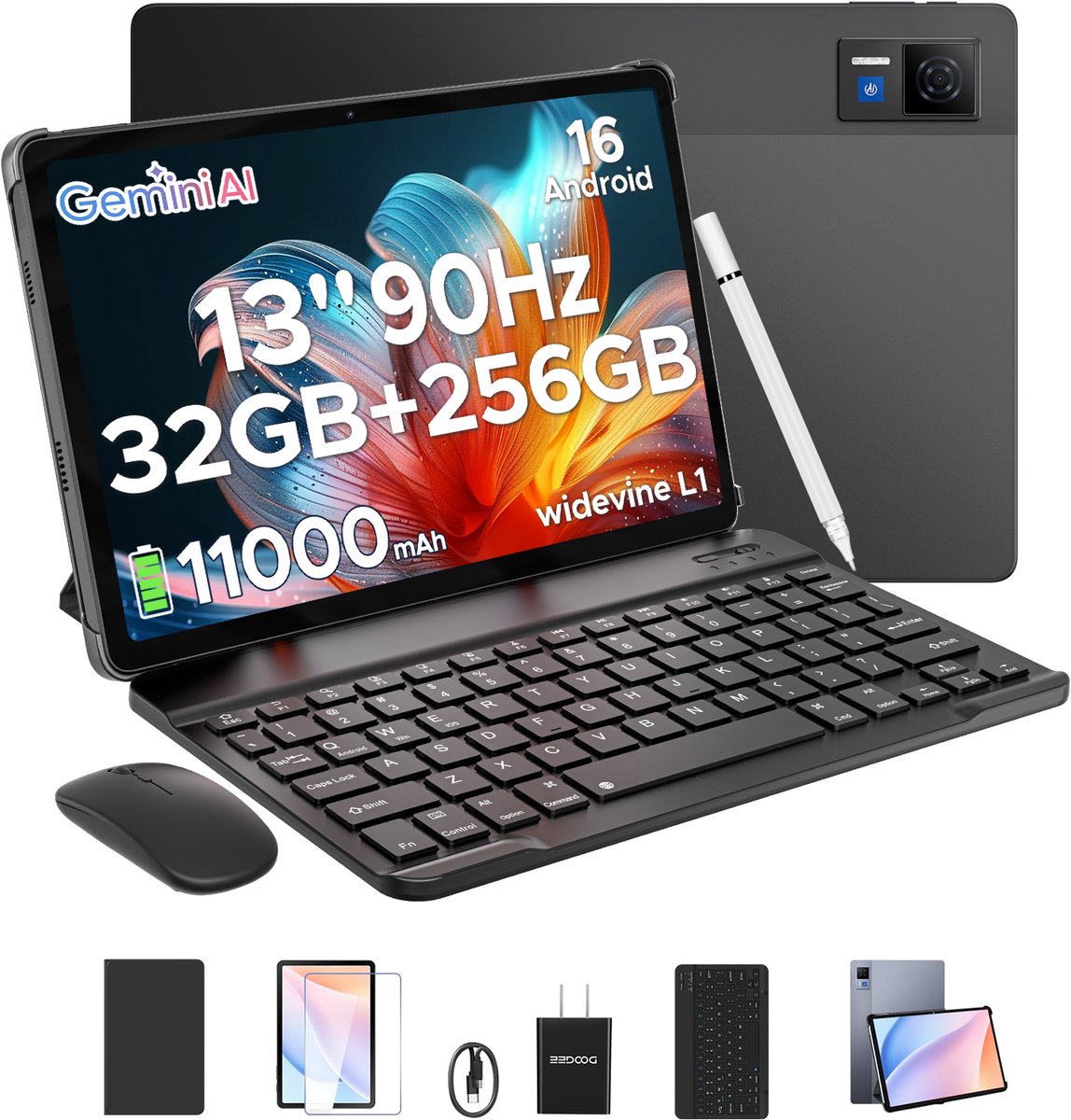 DOOGEE U13 VIP - Tablet - 32GB RAN + 256GB ROM /2TB - Gemini AI - 13 inch 90Hz FHD - 11000mAh/18W - 4 luidsprekers - 13MP + 5MP - 2.4G/5G WiFi - Widevine L1 - Bluetooth 5.0 - OTG - GPS - Face ID - met toetsenbord/gamepad/muis - Zwart (6923740282731)