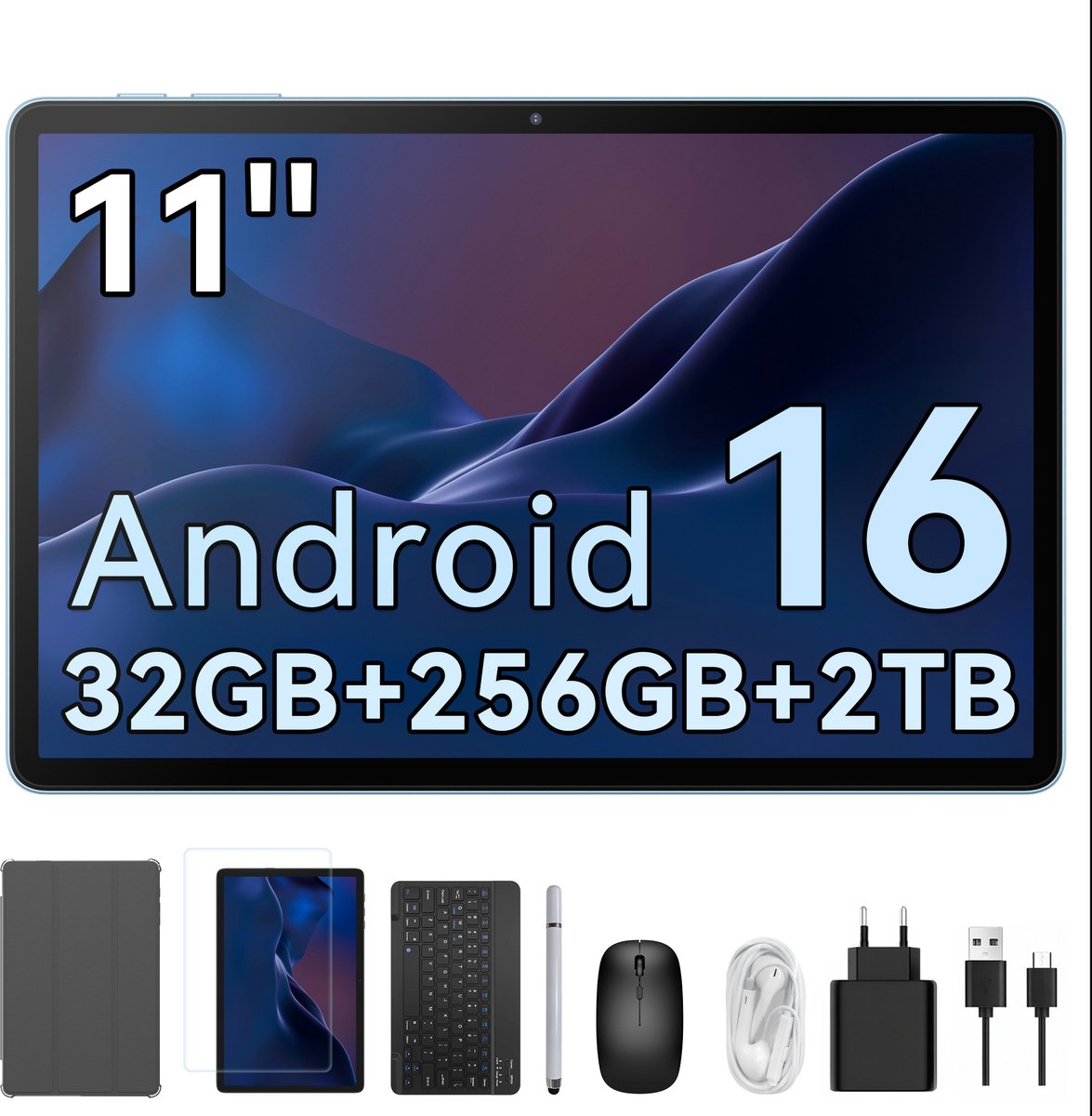 KINGRID T70 Tablet - 32GB RAM - 256GB ROM - 8000mAh - Android 16 - Met toetsenbord - Hoesje - Muis - Pen - Grijs (0810201777973)